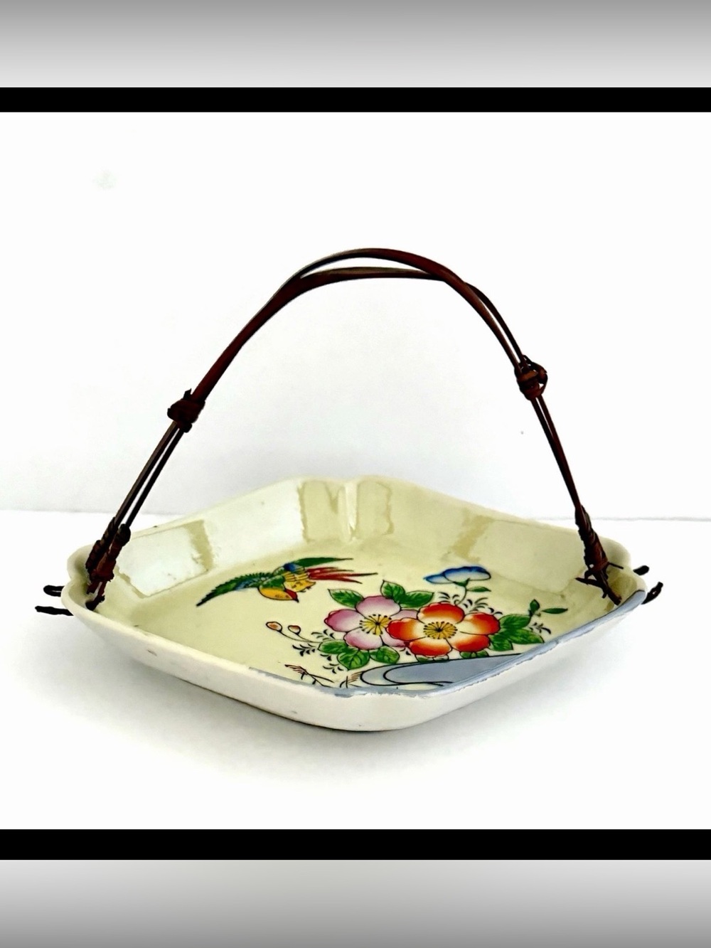 Vintage Japanese Bird Plate, Woven Handle, Flowers Hand Painted Canapé Bowl